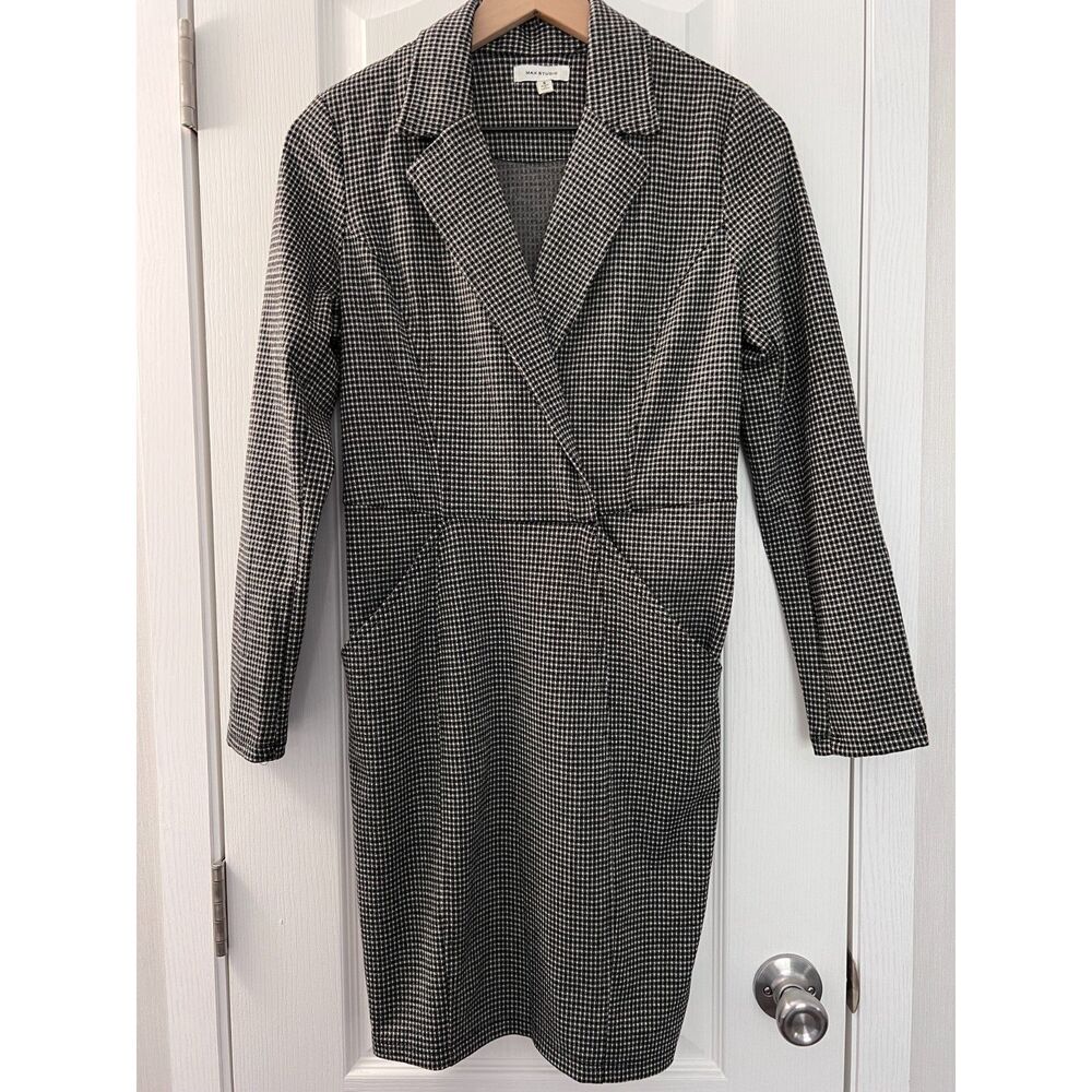 Max Studio Women's Long Sleeve Black Plaid Notch Collar Dress Size S